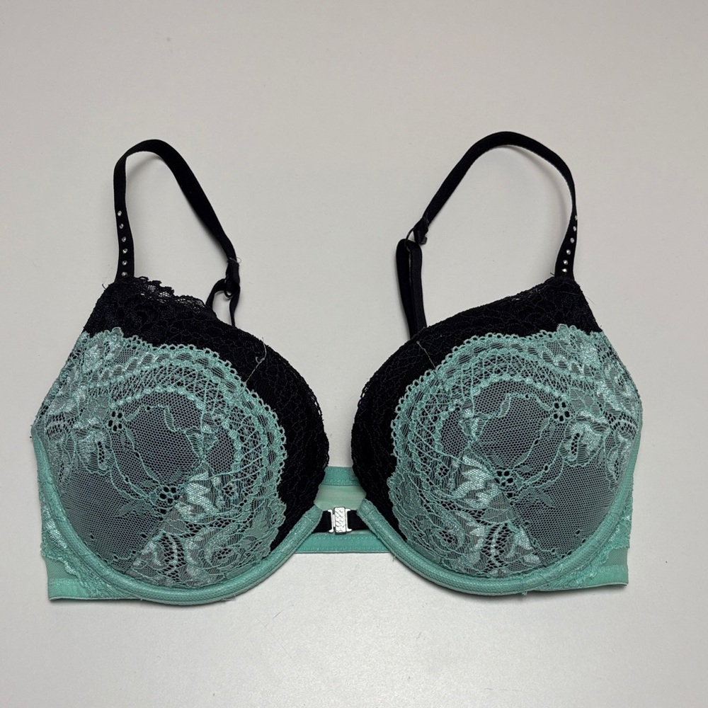 La Senza 32D Black & Teal Lace Push-Up Bra, Underwire